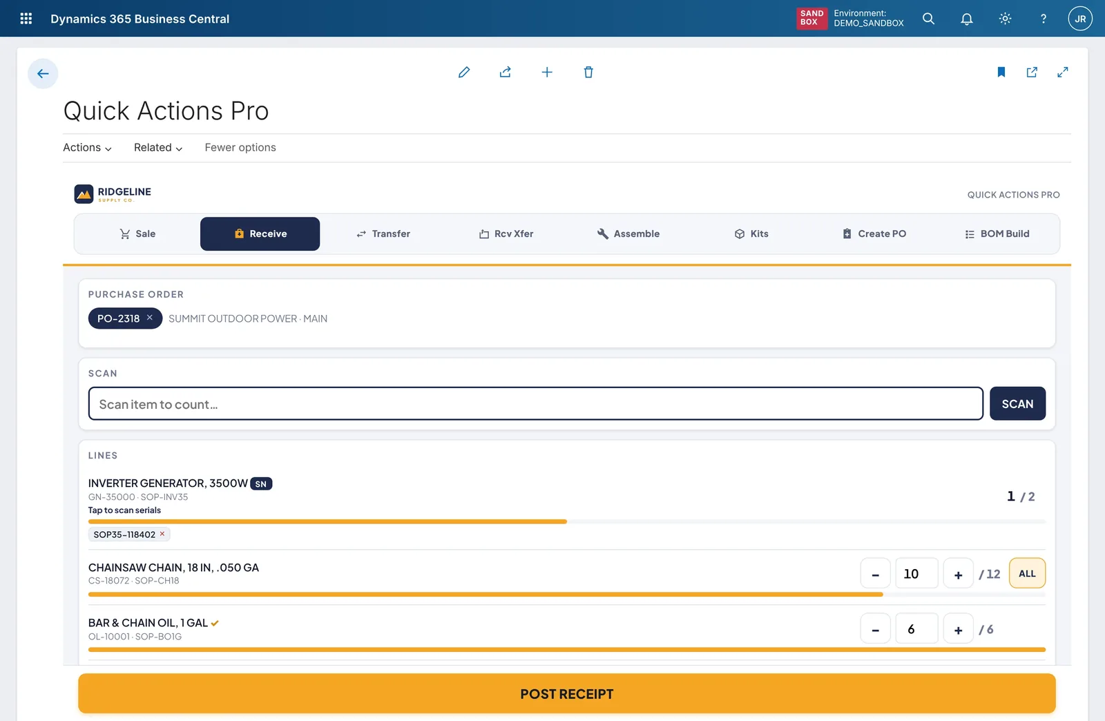 Middlecut receiving screen inside Business Central: pick the purchase order, scan each item, serial numbers captured as you scan, one Post receipt button.