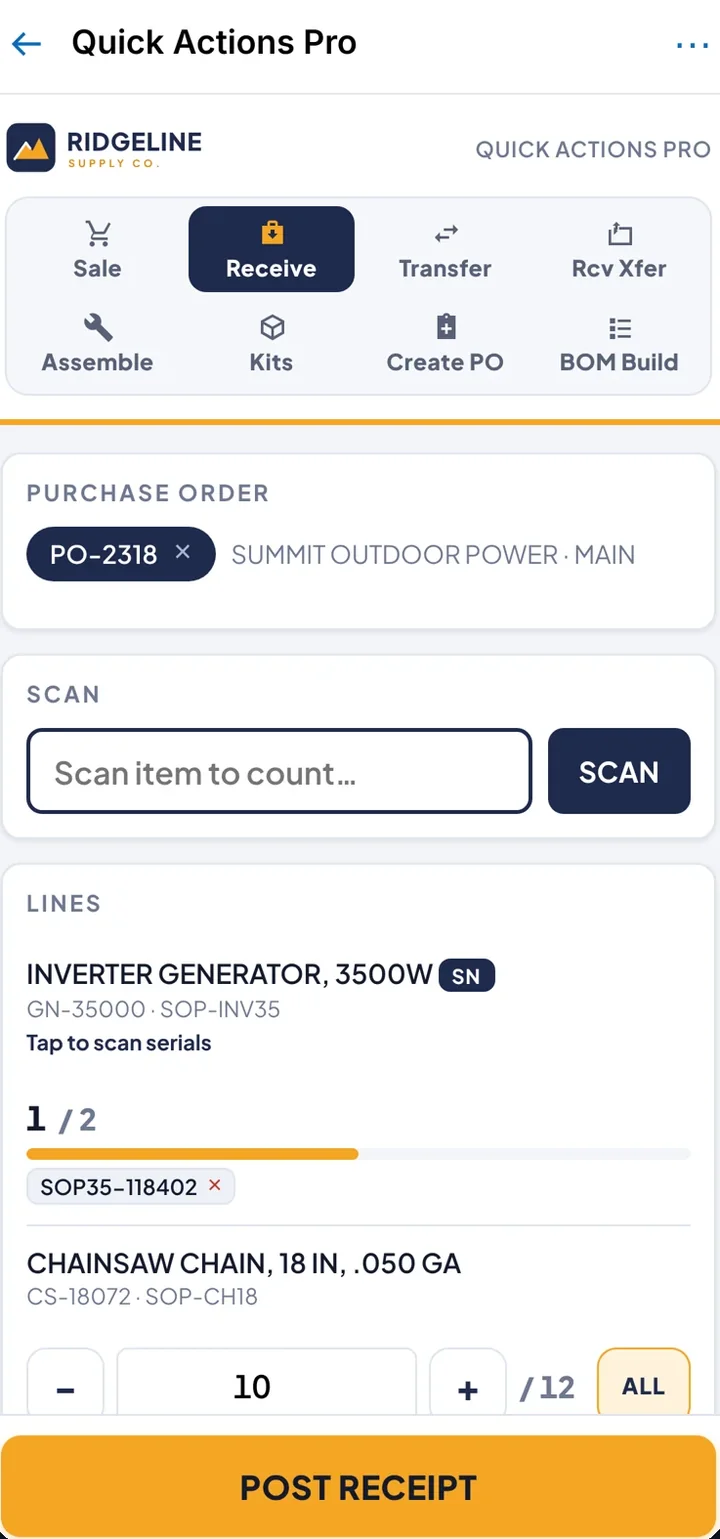 Middlecut receiving screen on a phone: scan field, line progress bars, plus and minus quantity buttons and one Post receipt button.